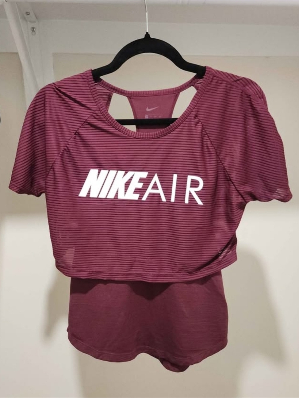 Nike AIR Women's Burgundy Striped Short Sleeve Performance Top